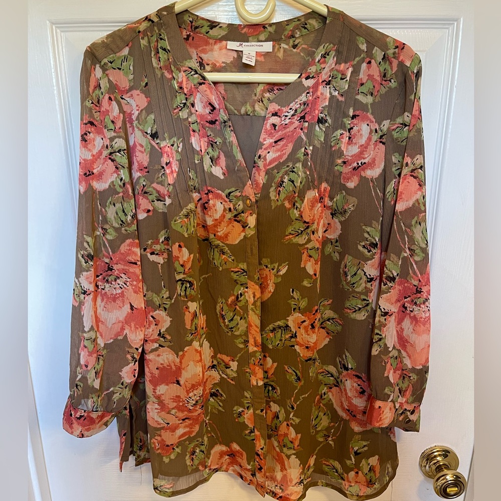 Floral Pink, Brown and Green Women's Top size 16